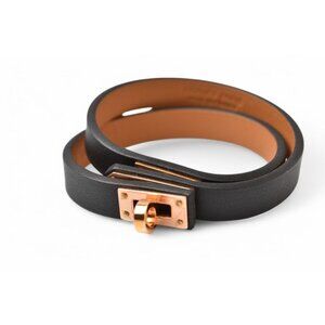 Hermes Bangle Bracelet Kelly Leather Dubretour Black Pink Gold T2